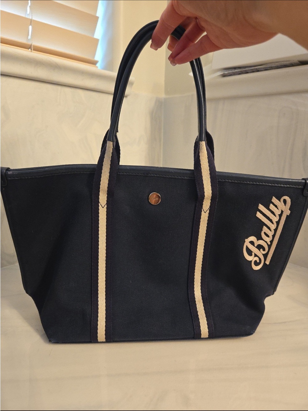 Bally Bag Canvas Tote Bag Navy Purse Leather Authentic